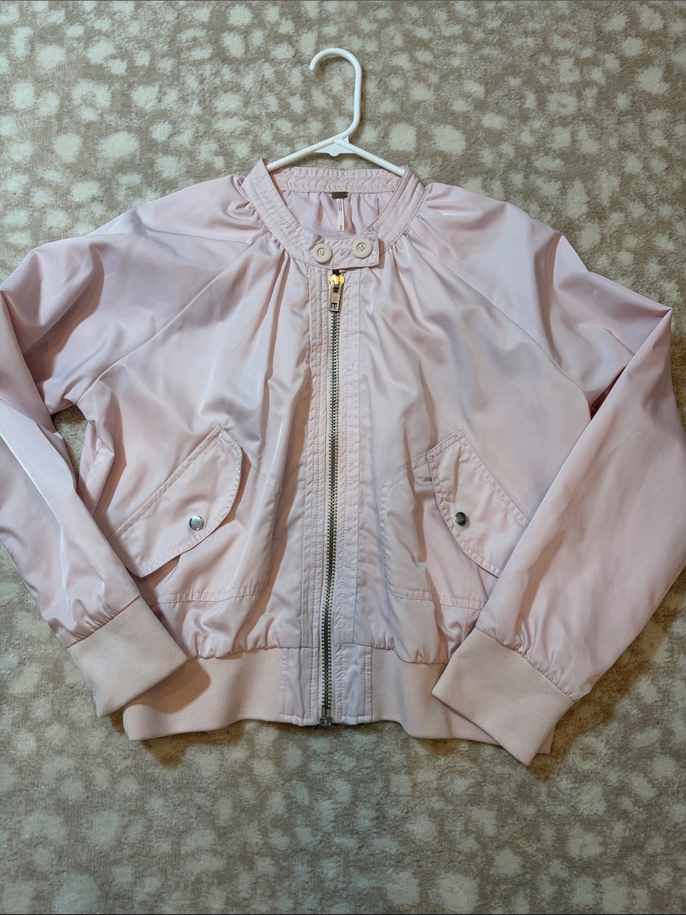 Free People Pale Pink Satin Bomber Jacket